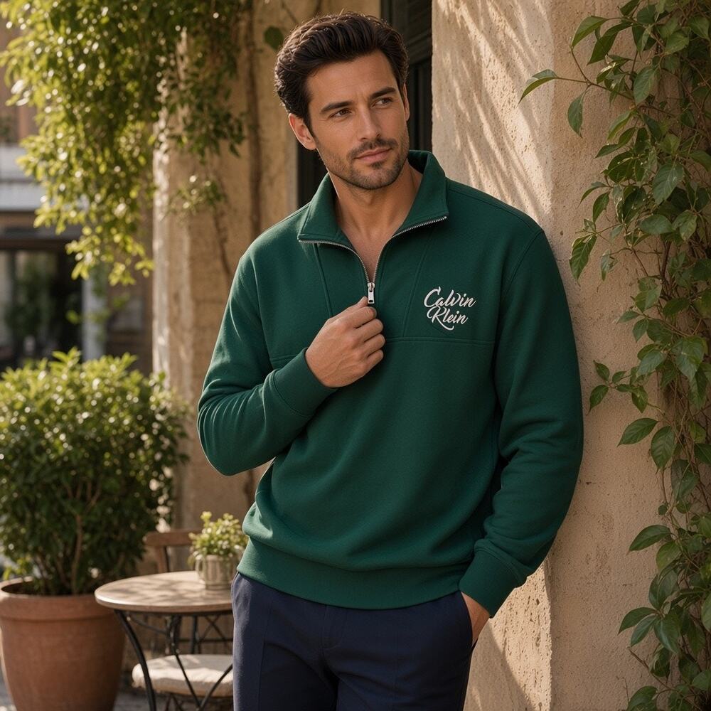 Calvin Klein Mens L Premium Fleece Relaxed Quarter Zip Sweatshirt Dark Green NWT
